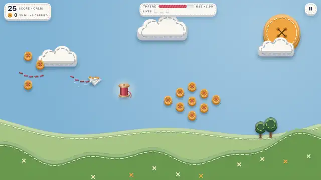 The paper plane sews a red thread trail past felt clouds, a thread spool and rows of buttons